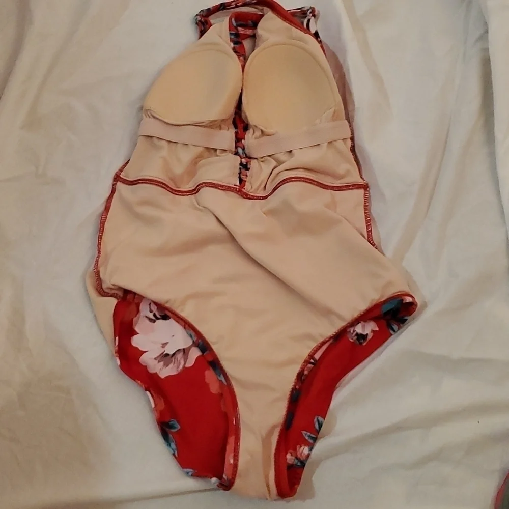 Kona Sol Swimsuit Small Red Floral Full Piece One Piece